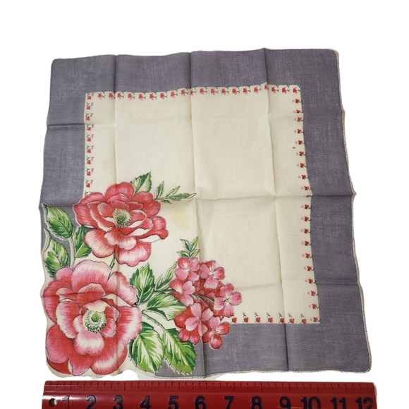Vintage Accessories - Blue Border Red Pink Floral handkerchief Hanky Partial Scalloped Border